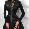 Stylish Autumn/Winter PU Leather Patchwork Waist-Cinched Dress