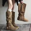 Retro style pleated piled boots women's 2025 new models but knee fashionable versatile V-mouth thin inner height-increasing boots