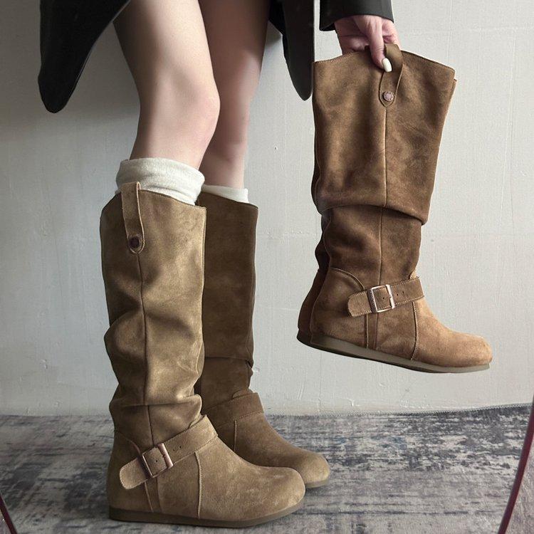 Retro Style Pleated Piled Boots Women's 2025 New Models But Knee Fashionable Versatile V-mouth Thin Inner Height-increasing Boots