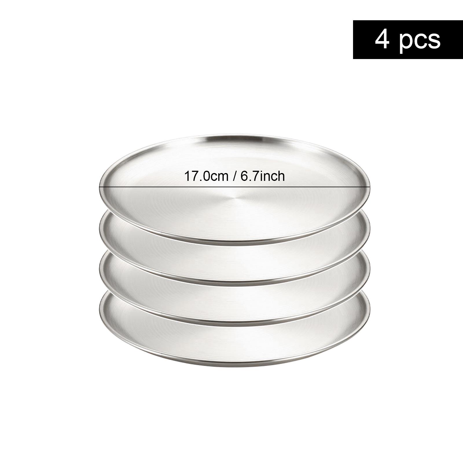4-Piece Stainless Steel Plates, Metal Round Dinner Plate, Serving Dishes for Home Kichten, Outdoor Camping, Snack, Pizza and BBQ 17cm