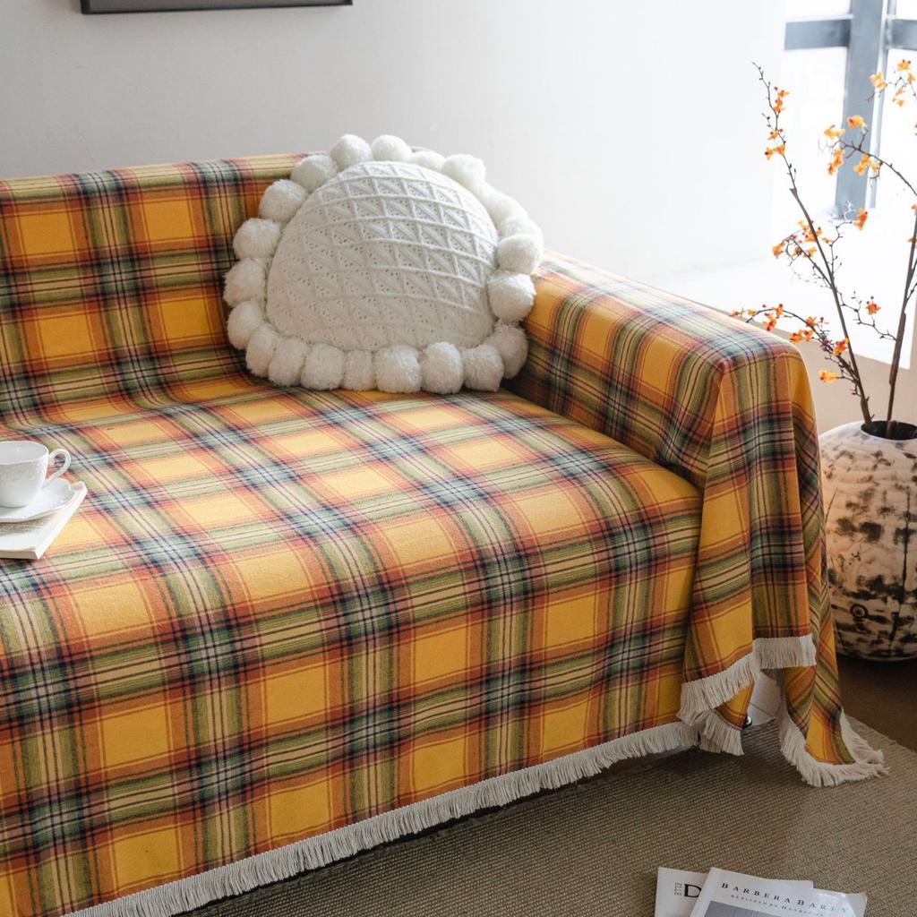 Yellow Plaid Cloth Multi-Purpose Sofa Towel Cover Cloth Bed Towel Bay Window Mat Table Chair Tablecloth