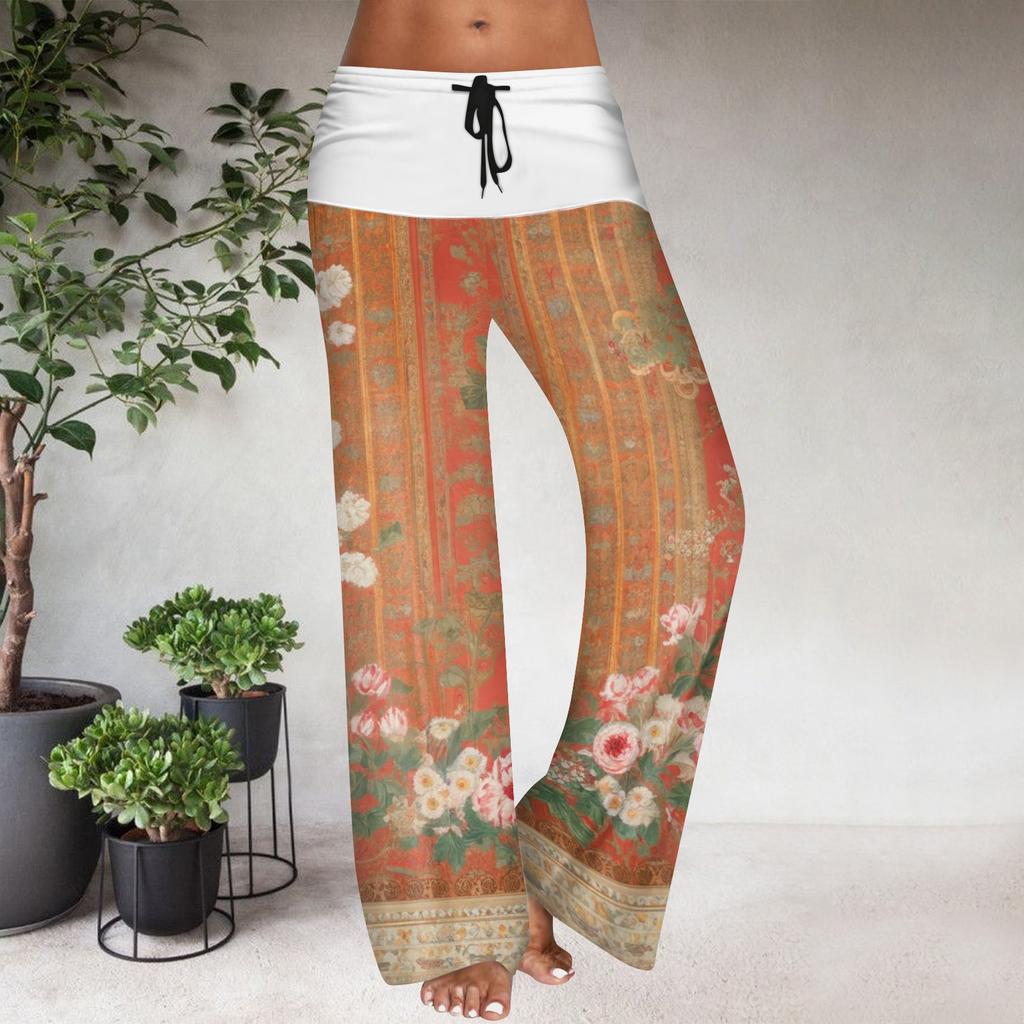 Women's Drawstring Elastic Waistband Wide Leg Color Matching Floral Printed Casual Pants