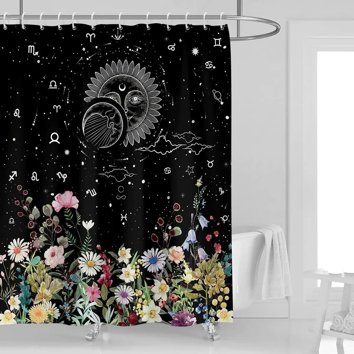 

Phase Shower Curtain Abstract Sun Stars Butterfly Mushroom Flowers Plant Leaves Bathroom Decor Fabric With Hooks W60H190(CM)-1 Pcs