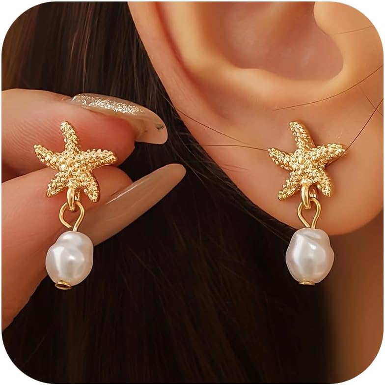 Boho Starfish Earrings for Women 14K Gold Sea Shell Earrings Summer Beach Vacation Outfits for Women Trendy Jewelry Gifts