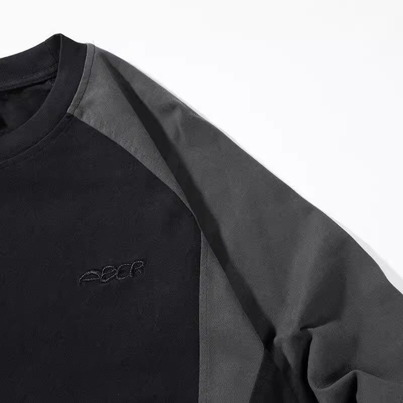 Unisex Japansk Retro Färgblock Lapptäcke Huvtröja - Avslappnad Lös Passform Långärmad T-shirt