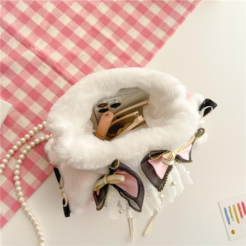 Japanese Lolita Loli Girl Plush Doll Rabbit Bag Student Crossbody Bag Pearl Chain Bag