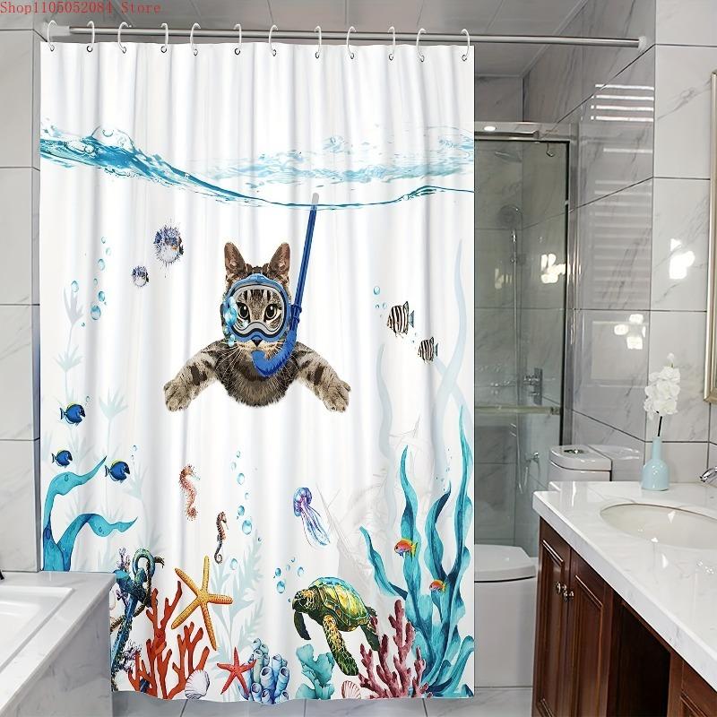whimsical cat shower curtain set blue green - With Hooks Waterproof Mildew Proof Easy Install Washable
