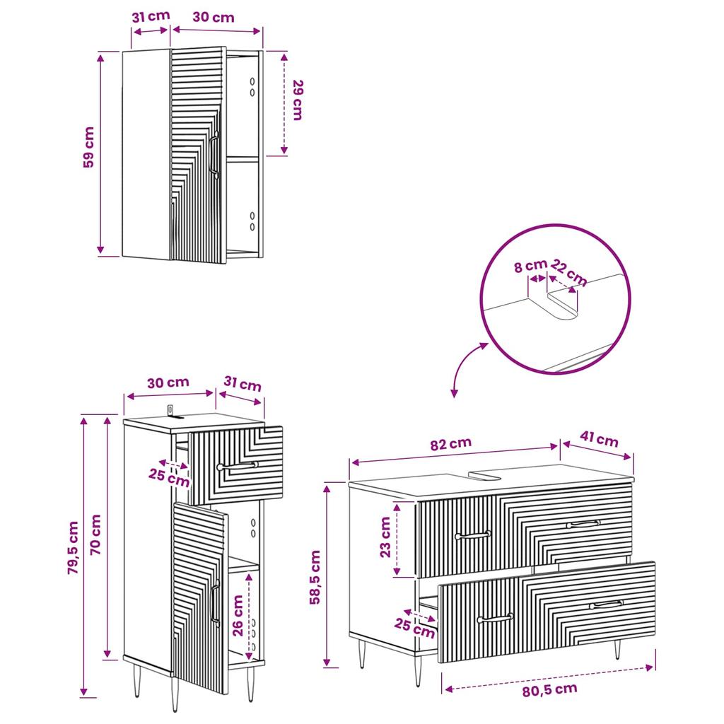 3 Piece Bathroom Cabinet System HAARLEM Reclaimed Wood