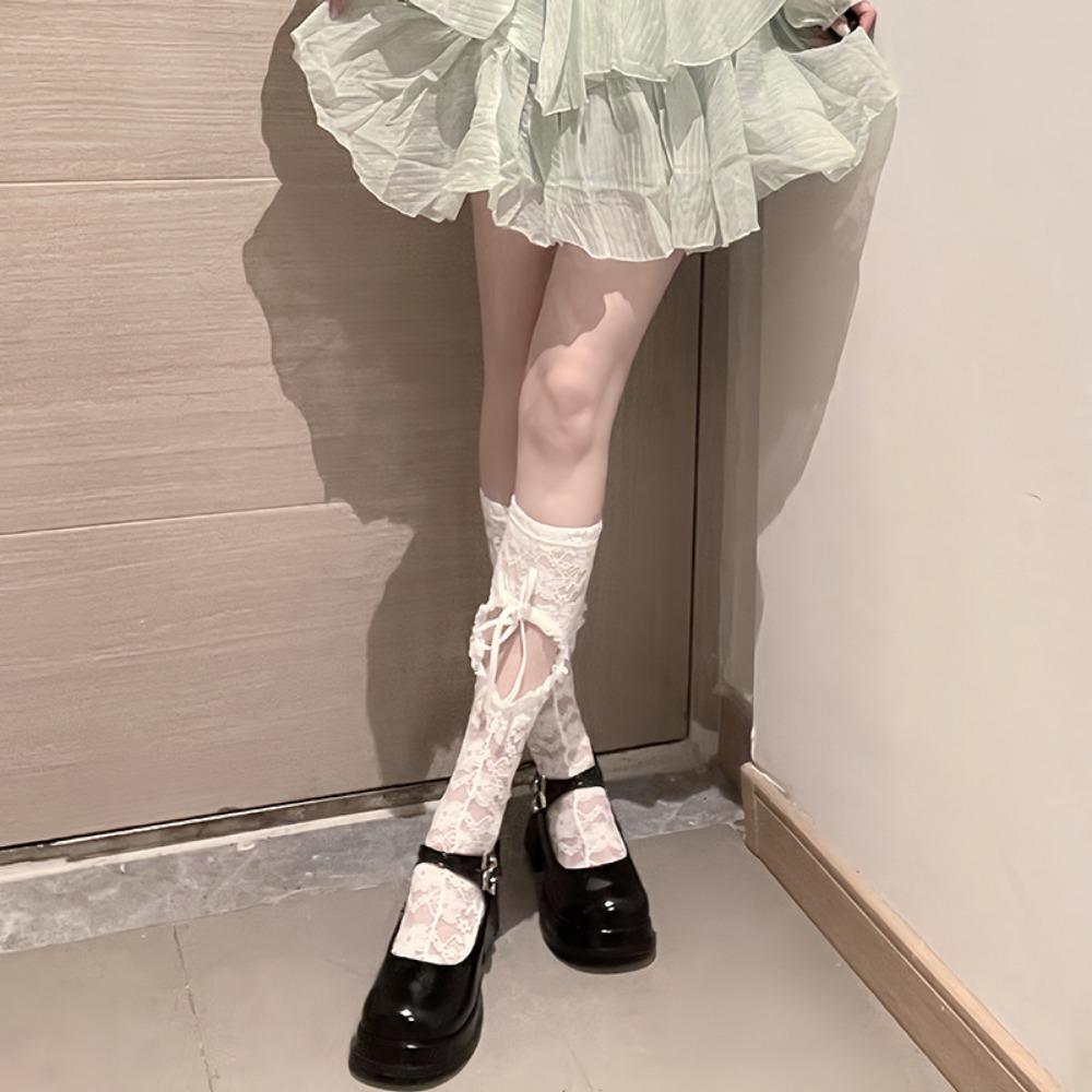 Summer Japanese Lolita Lolita Lace Bow Medium Tube Socks Love Hollow Cross Strap Calf Socks Women