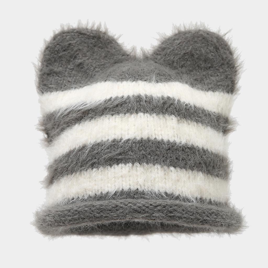 Women's Color Block Striped Ear Hat, Thick Knit Outdoor Winter for Cold