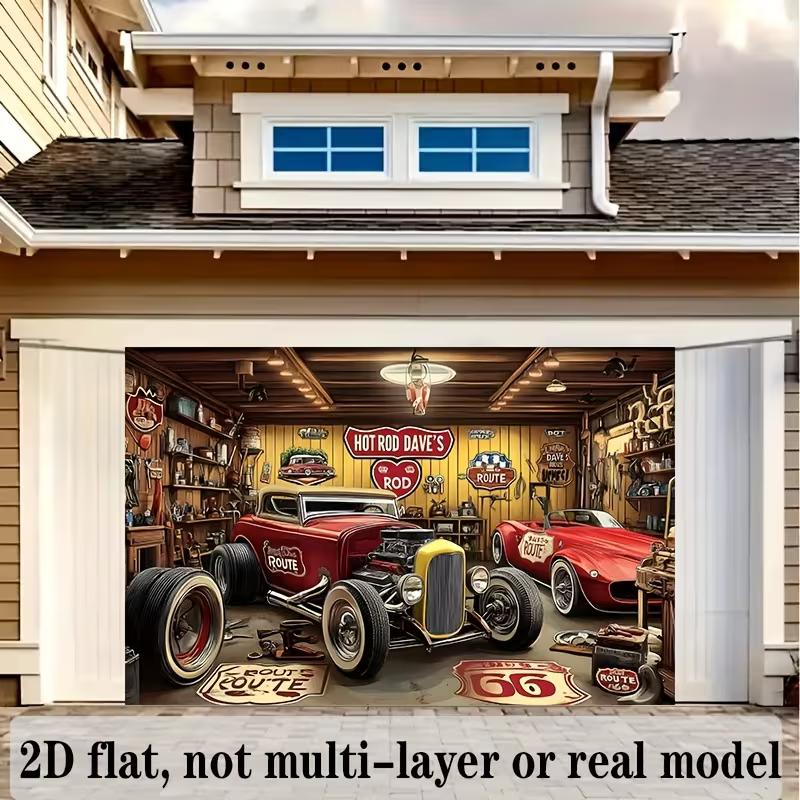 Toile de fond 2D pour garage Hot Rod pour hommes - Arrière-plan de photomaton sur le thème de la Route 66