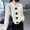 Grey Lapel Loose Fit Cardigan Women's Korean Fashion Button Casual Long Sleeved Knitted Coat Versatile Solid Color Sweater