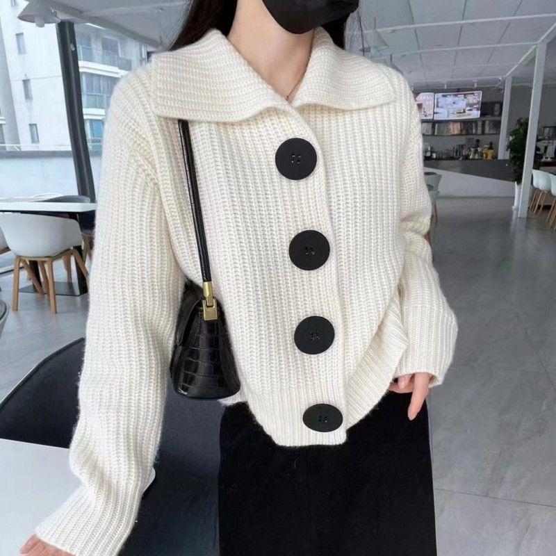 Grey Lapel Loose Fit Cardigan Women's Korean Fashion Button Casual Long Sleeved Knitted Coat Versatile Solid Color Sweater