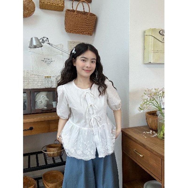 

Kumikumi Sweet Style French style Lace Short sleeve Shirts Women clothes Summer Lace-up Design Sense Younger Top White One size