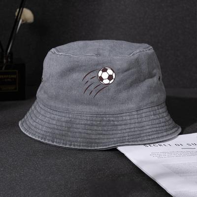 Travel Buket Hat for Men Retro Soccer Embroidered Denim Bucket Hat, Breathable Sun Protection Fisherman Cap for Outdoor
