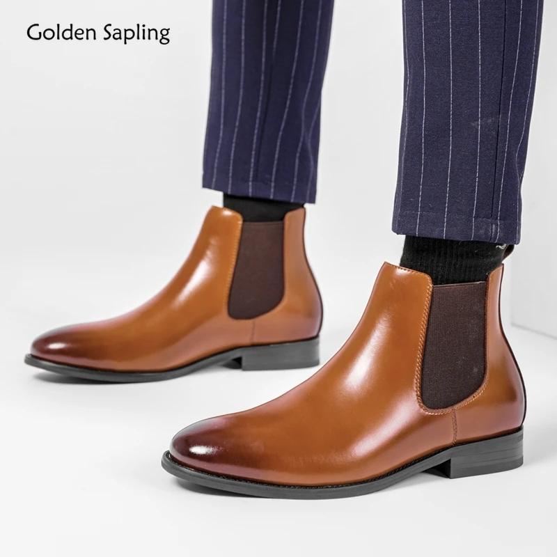 Golden Sapling Retro Men's Chelsea Boots Winter Work Shoes Genuine Leather Male Botas Wedding Business Formal Shoes Big Size 47