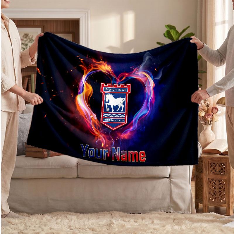 Ipswich Town Personalized Fleece Blanket With Football Logo, Custom Name Text Soft Warm Home Throw Blanket