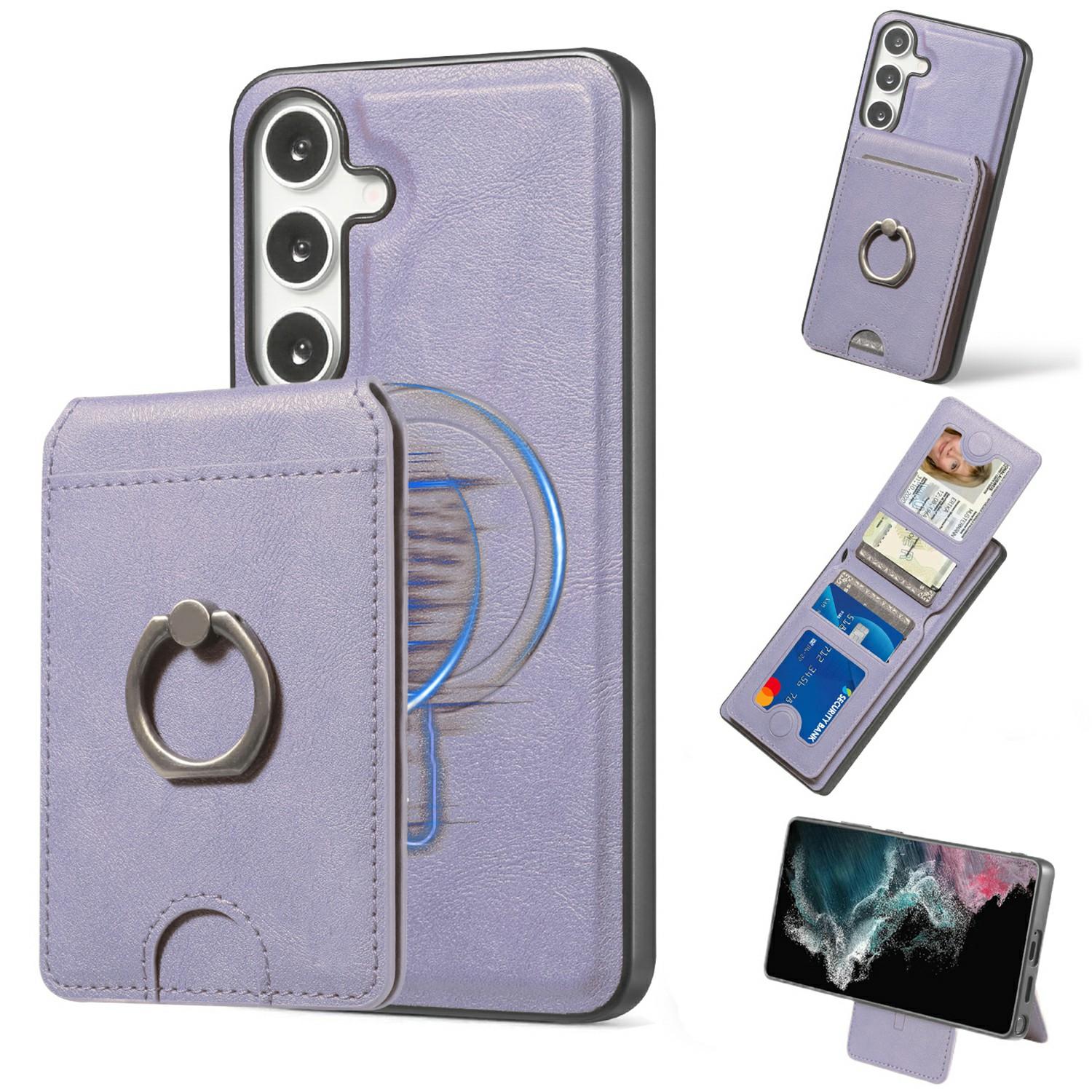 

For Samsung Galaxy S25 Magnetic Case PC+PU Phone Back Cover with Detachable Card Holder Purple