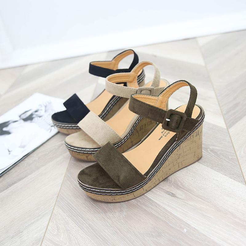 Summer new high-heeled sandals open-toe sexy suede waterproof table thick-soled wedge heel one-word buckle