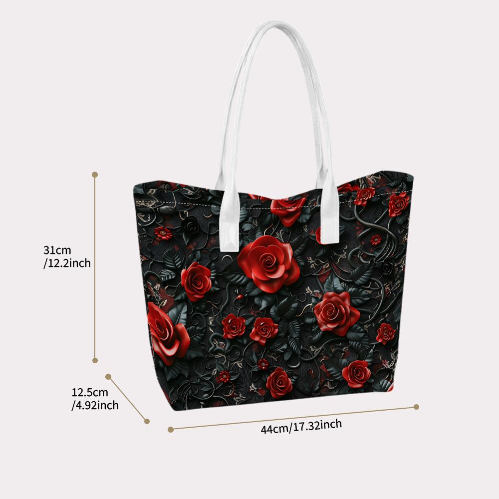 Elegant Red Rose Print Tote Bag Fashionable Daily Carry Shoulder Bag for Women