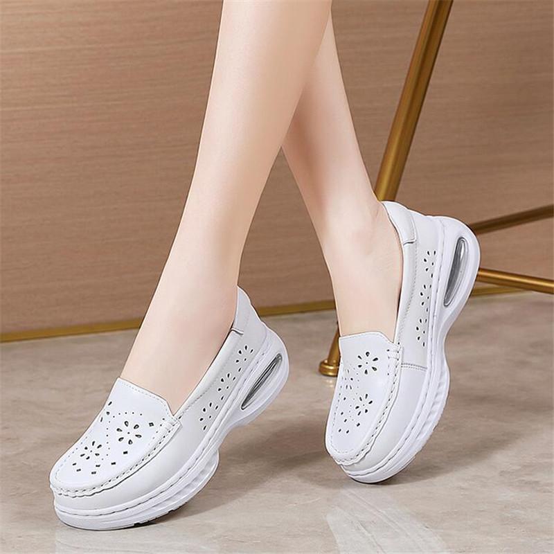 Fashion Women Wedges Platform Ladies Shoes Casual White Soft Nurse Work Shoes Hollow Out Breathable Comfort Flat Sneakers Shoes