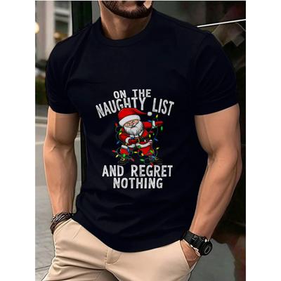 Cotton Men's T-Shirt Black Santa Claus On The Naughty List And Regret Nothing Printed Pattern T-Shirt