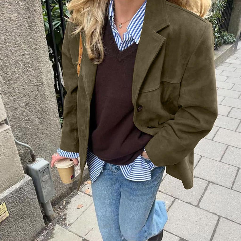 Women's Fashion Solid Color Vintage Casual Oversized Pocket Long-Sleeve  Jacket