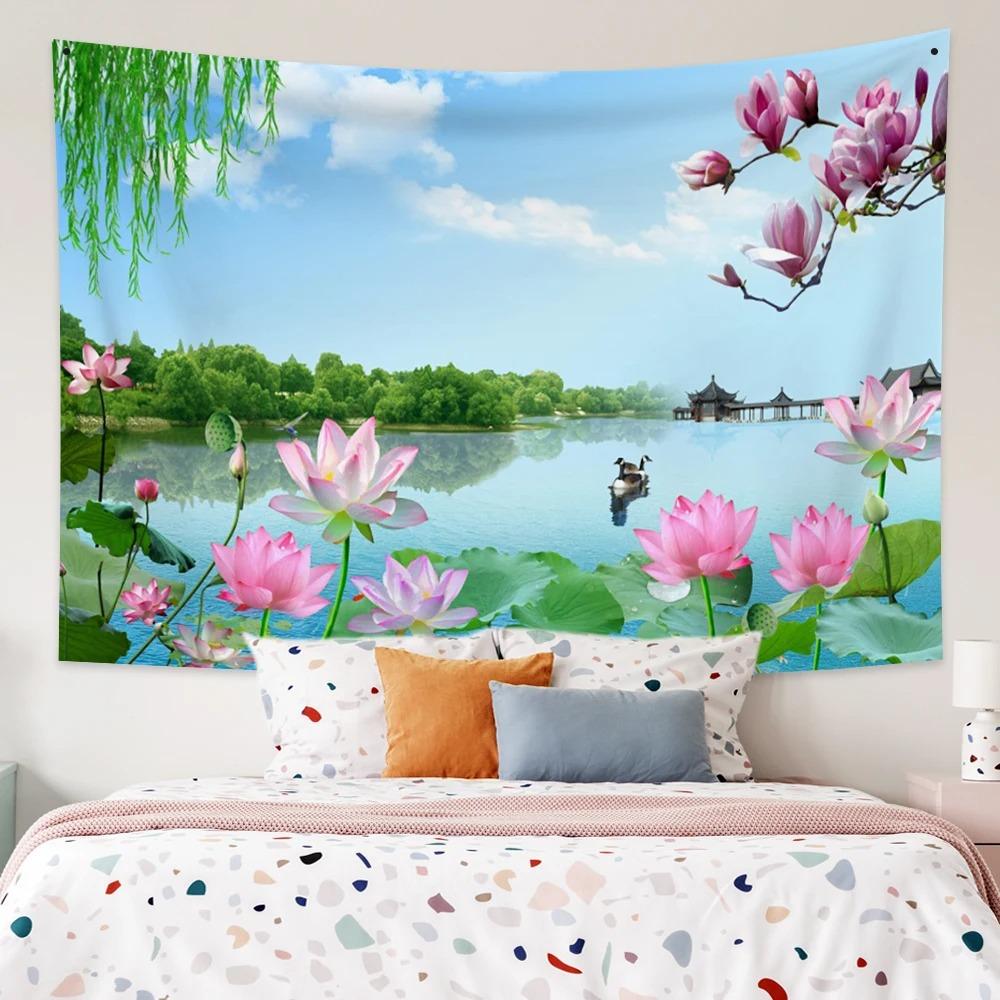 Lotus Forest Tapestry Bohemian Bedroom Waterfall Pattern Background Cloth Home Decor Living Room Wall Hanging Cloth