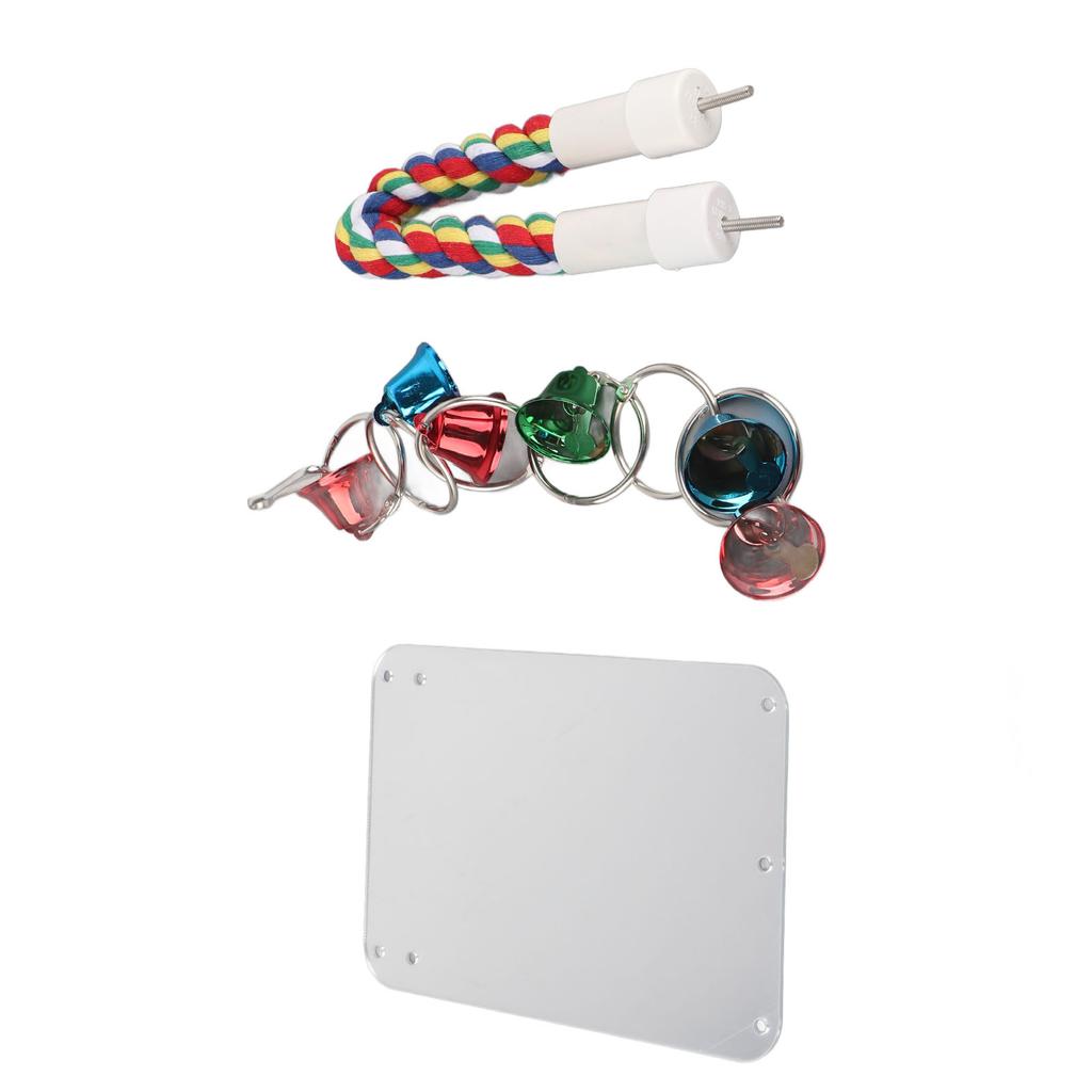 Bird Mirror Toy Colorful Chewing Standing Parrot Perch Mirror with Bell String for Parakeets