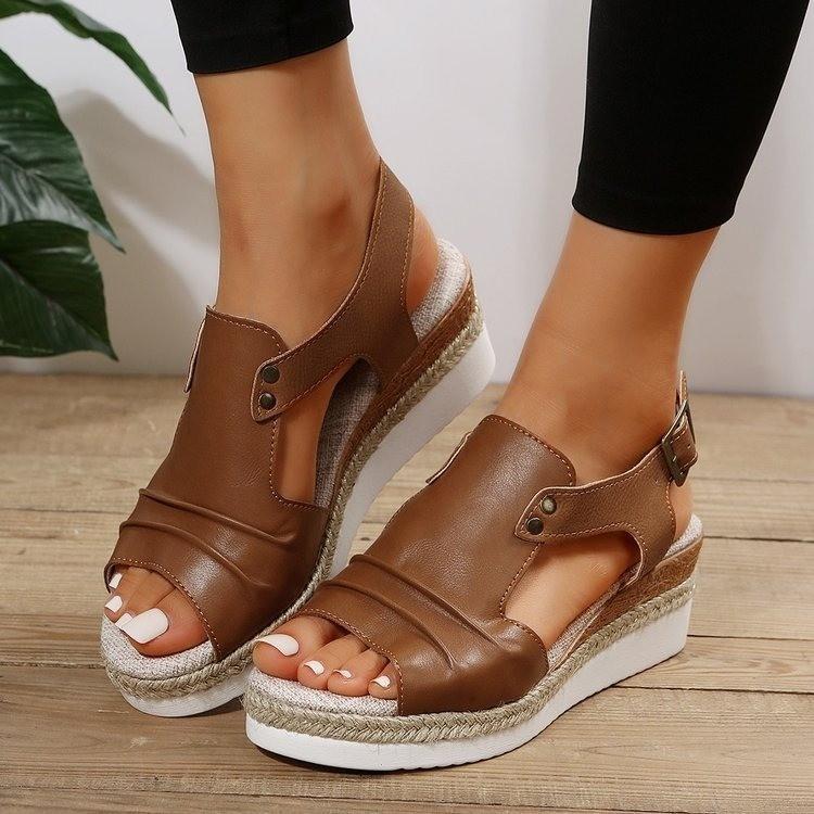 Fish Mouth Flat Bottom Wedge Heel Sandals Women's Summer New Casual Buckle Belt Outer Wear Women's Sandals