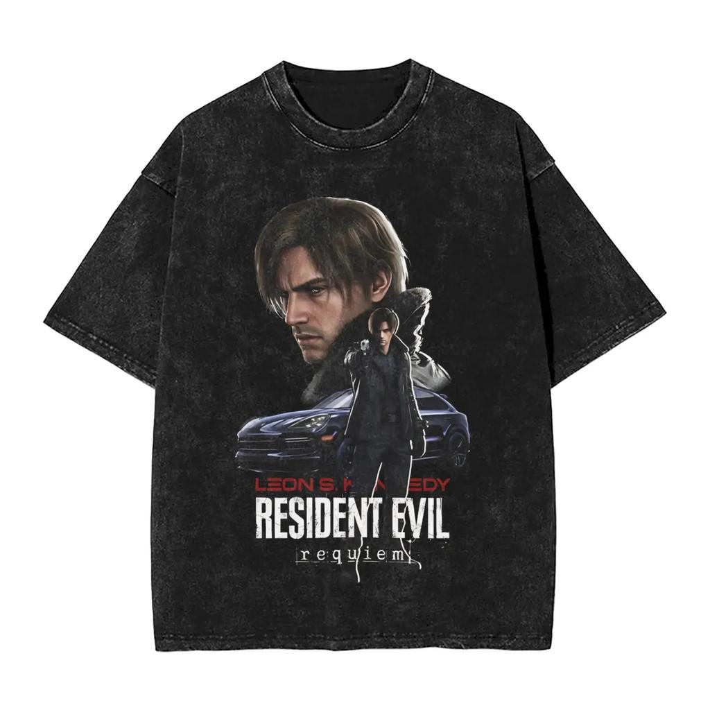 Resident Evil 9 Requiem Leon S. Kennedy Grafica 100% Cotone Unisex Lavaggio Acido Camicia 2026 Estate Nuova Uomo Y2k Maglietta a Maniche Corte