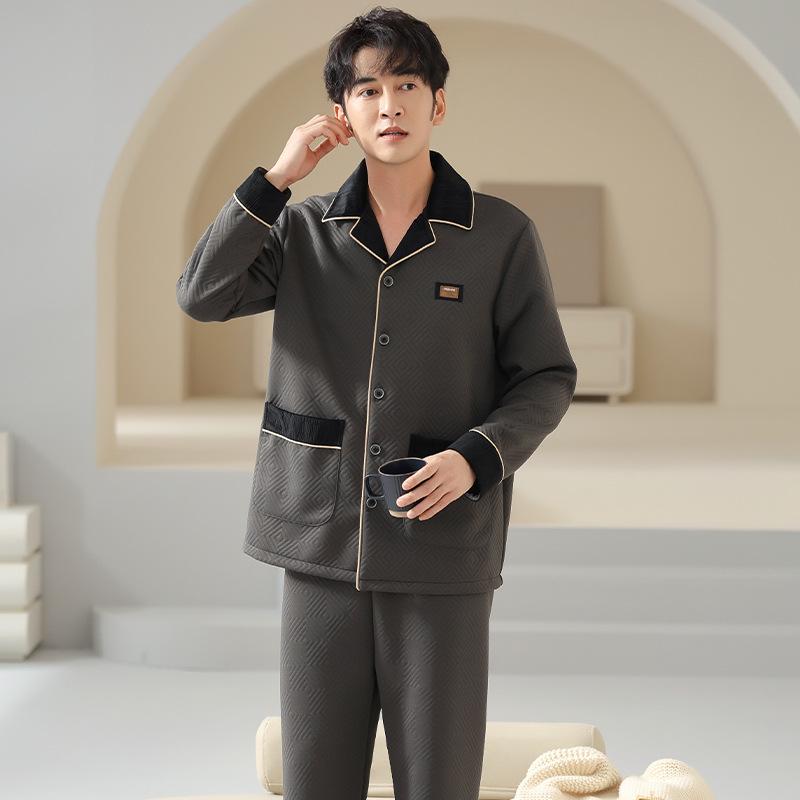 Pajamas Men'S Spring And Autumn Thickened Pure Cotton Interlayer Air Cotton Homewear Men'S Autumn And Winter Interlayer Middle-Aged Dad Suit