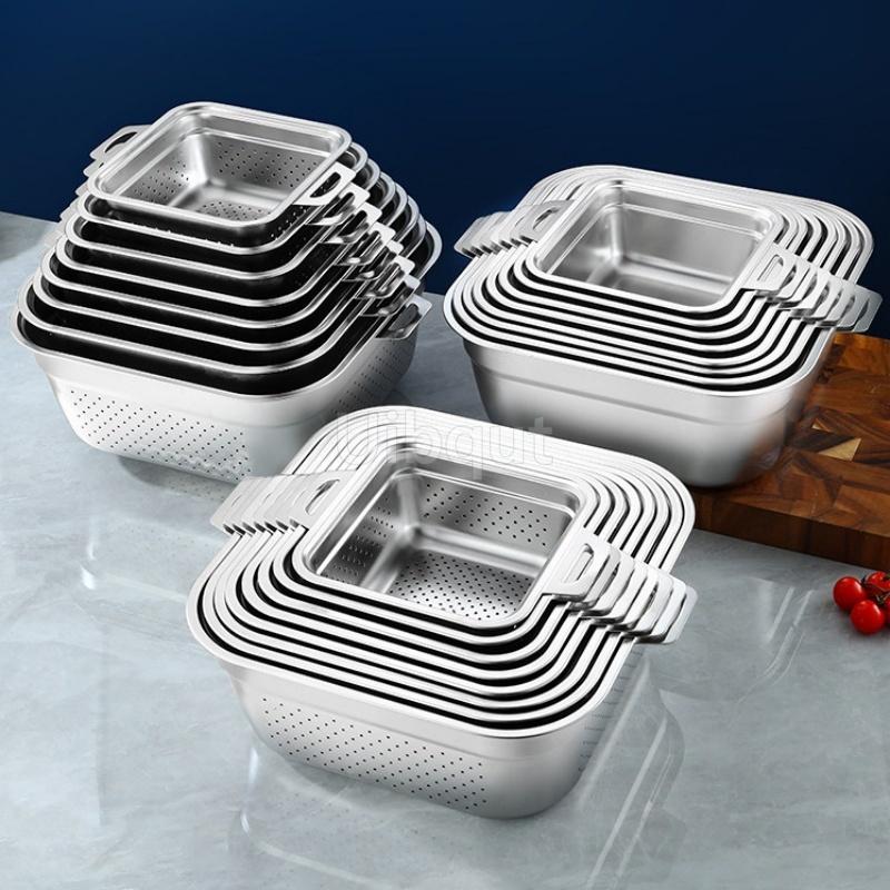 304 Stainless Steel Square Perforated Strainer Flat Bottom with Side Handles Colander for Washing Vegetables Marinating Tray