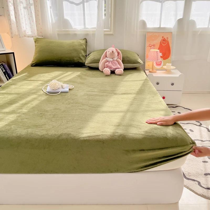 Winter Warm Velvet Fitted Sheet Solid Color Bedsheet Soft Bed Cover Queen Size Bed Linen Home Sheet Couvre Lit