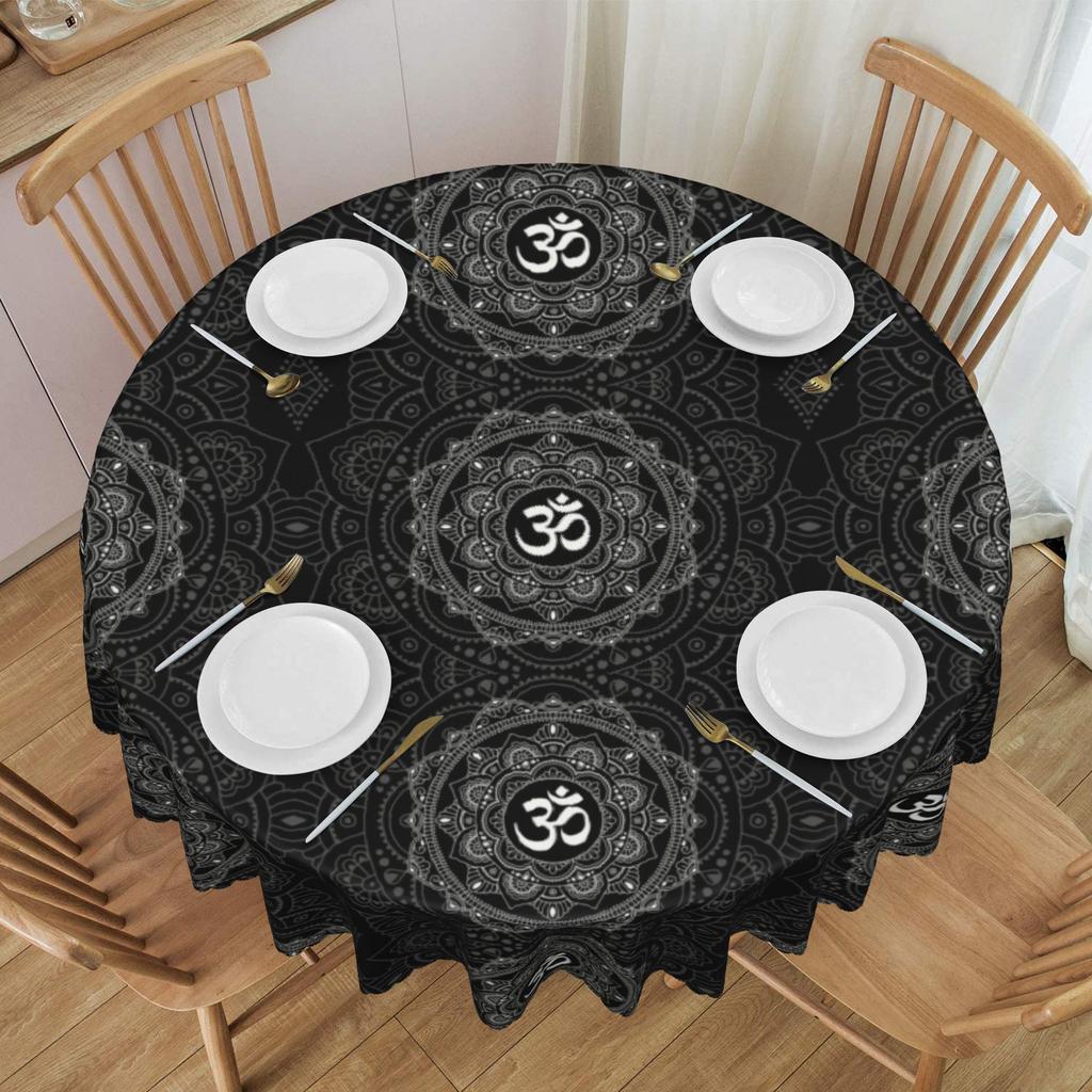 Round Om Mandala Tablecloth Waterproof Oil-Proof Table Cover 60 inch Buddhism Aum Yoga Meditation Table Cloth