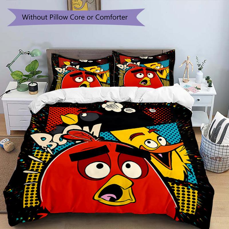 3pcs Duvet Cover Set (1*Duvet Cover + 2*Pillowcase, Without Core), Angry Birds Print Bedding Set, Bedroom Decor, All‑Season, Birthday Gift