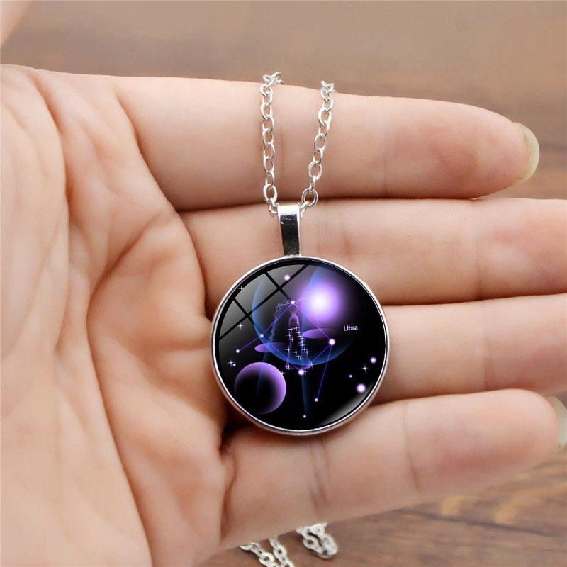 Glowing Zodiac Constellation Gemstone Pendant Necklace Vintage Versatile Sweater Chain Jewelry Accessory