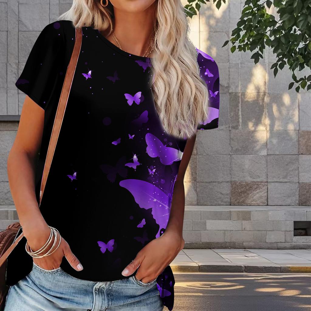 Women Summer T Shirt Butterfly Print Retro Fashion Short Sleeve Tees Casual   Printed  Tops