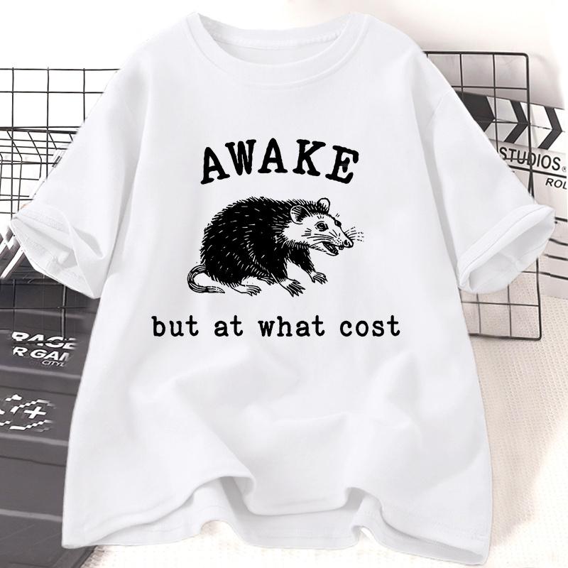 Awake But At What Cost Retro T-Shirt Women Funny Possum Graphic T-shirs Sarcastic Sayings T Shirt Round Neck Short Sleeve Tshirt