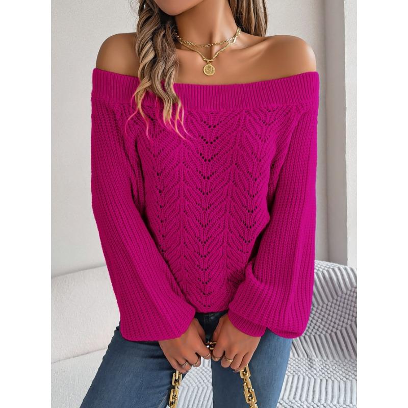Fashion Off-the-shoulder Pullover Hollow Out Women Sweater Autumn Casual Knitted Tops Long Sleeve Loose Casual Solid Color One-word Collar Sweaters