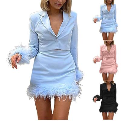 Women's Deep V Long Sleeve Top Tight Wrap Hip Dress Temperament Set