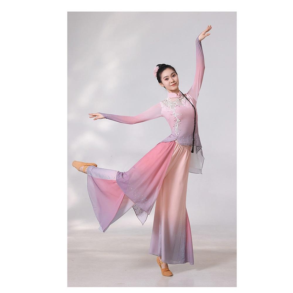 Women's Yangko Chinese Classical Dance Costume 2-Piece Set, Gradient Embroidered, Traditional Fan Dance Stage Outfit For Art Exam