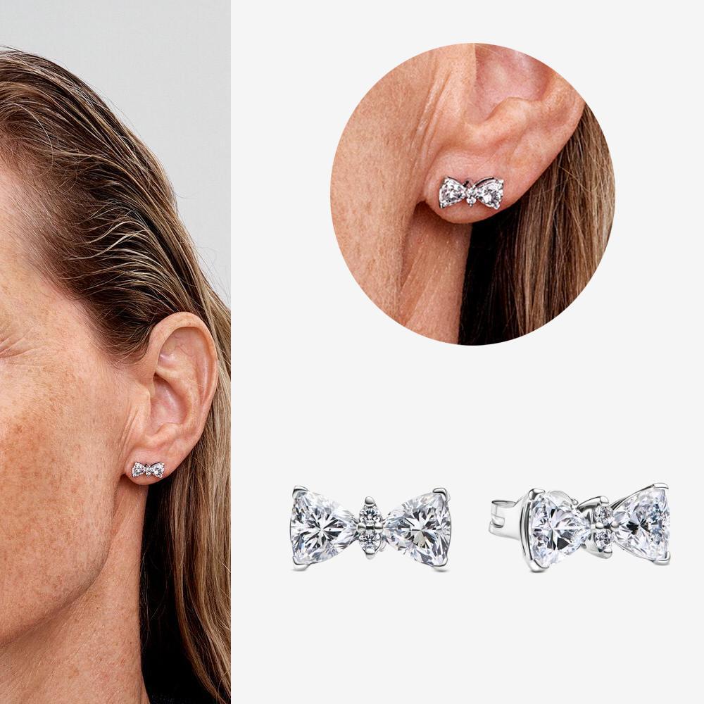 Authentic 925 Silver Cherry Blossom Bow Heart Hoop Stud Drop Earrings plata de ley Jewelry DIY Birthday Gift Original