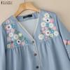ZANZEA Blusa Feminina Casual com Decote V, Estampa Floral e Manga Longa