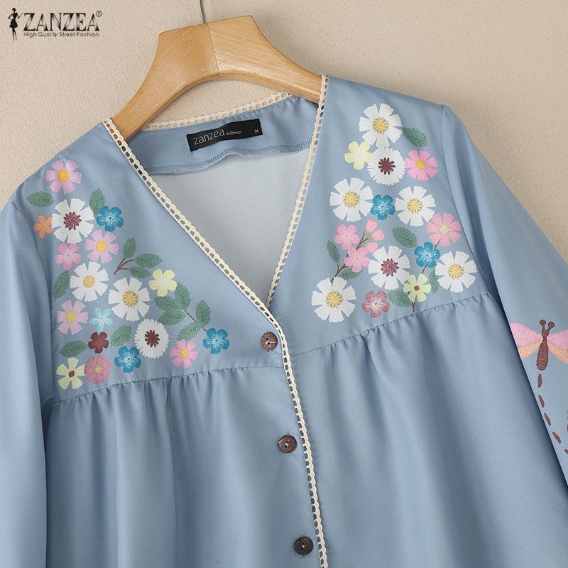 ZANZEA Blusa Feminina Casual com Decote V, Estampa Floral e Manga Longa