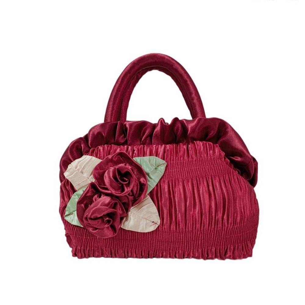 Leaf Hanfu Rose Flower Handbag Satin Silk Bubble Zipper Flower Tote Bag Cosmetic Makeup Bag Mommy Bag Ethnic Style Wrist Bag