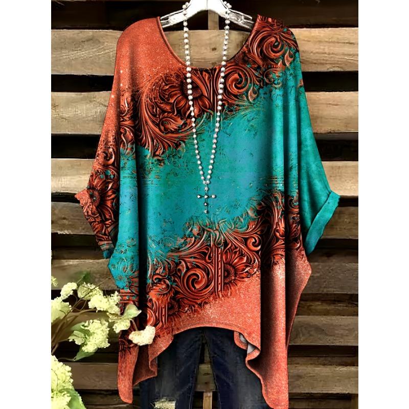 Летняя Мода Новый Продукт Большой Круглый Вырез Зеленый Низ Красный Узор Печатный Топ 1XL