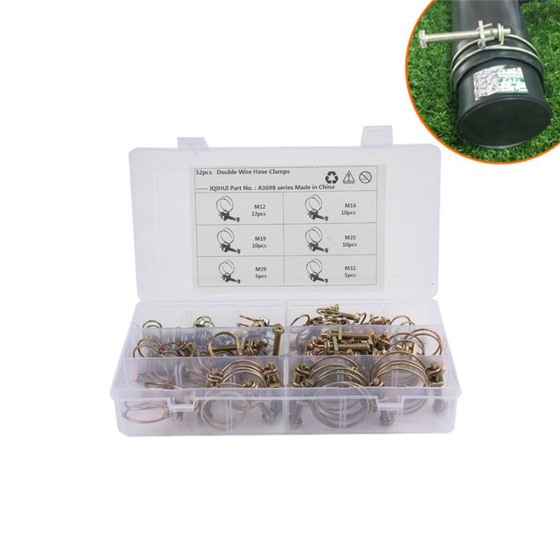 52Pcs Adjustable Double Wire Hose Clamps Pipe Clip Screw Bolt Locking Kit 6 Size