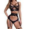 Fashion Women's Lace Mesh Lingerie Set-Black See-Through Hollowed Underwear Garter Belt Four Piece Sexy Bra Firm Control Size L