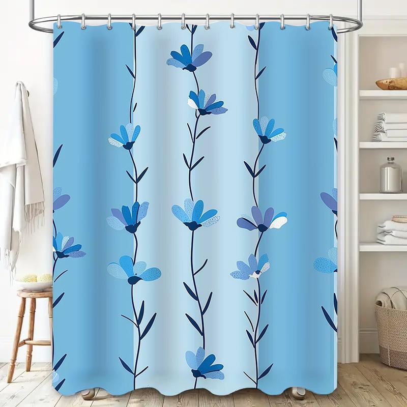 Blue Floral Shower Curtain, Soft Fabric With Hook Rings For Bathroom Decor Home Textiles / Accessories On  Buy It